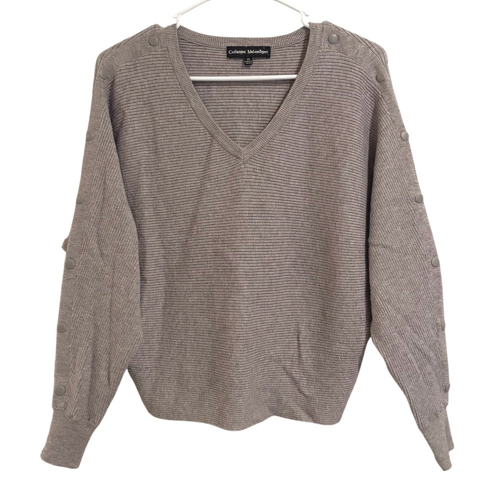 Catherine Malandrino Gray Taupe Ribbed V-Neck Snap Button Sleeve Sweater XS